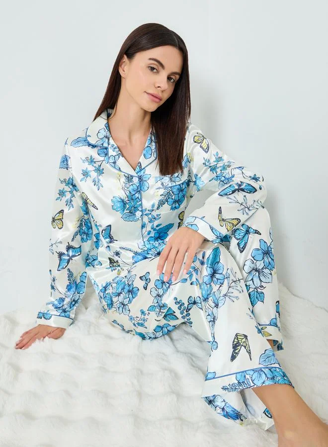 Take Two  Women Satin Floral Printed Shirt and Pyjama Set for Women | Best Price UAE